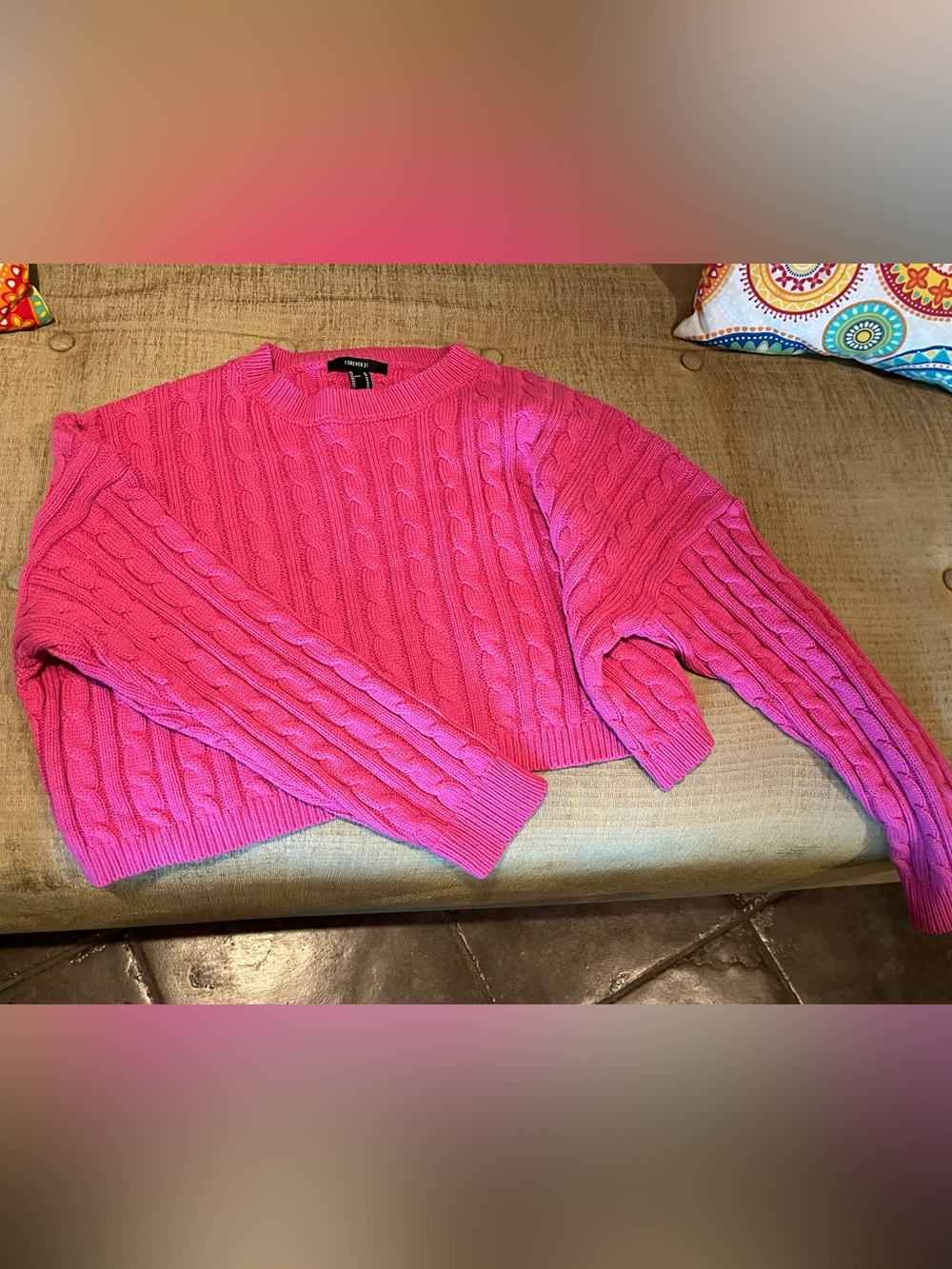 Forever 21 Hot Pink Cable-Knit Crop Crewneck Sweater